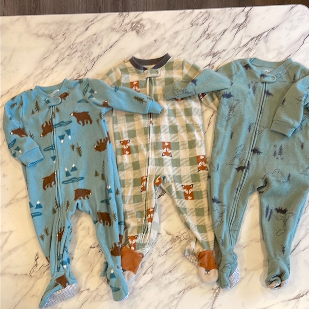 Cozy Kids Fleece One Piece Pajamas Set - Blue and Green - Set of 3